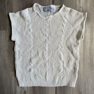 Vintage 80s Womens Cream White Cable Knit Sleeveless Round Neck Sweater Top Silk